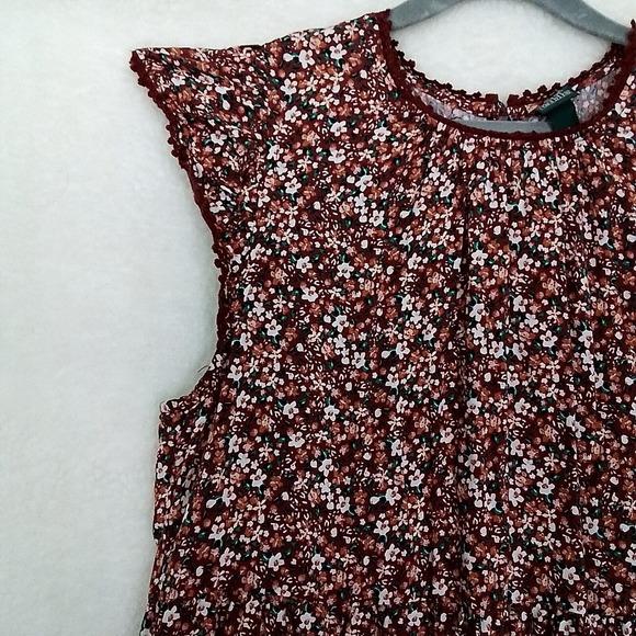 Wild Fable Flutter Cap Sleeve Mini Dress Sz XS Brown Floral Print Ruffle Hem - Picture 7 of 13